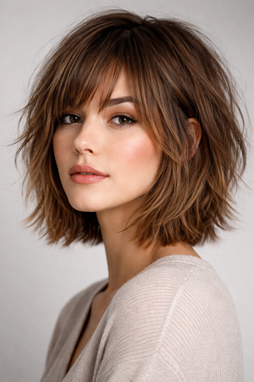 Close-up portrait of a textured chin-length shag hairstyle with layered ends