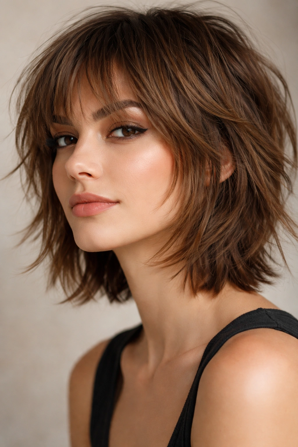 15 Chin Length Haircuts That Slim And Sculpt 1 Close-up of a chin-length textured shag with choppy layers highlighting cheekbones