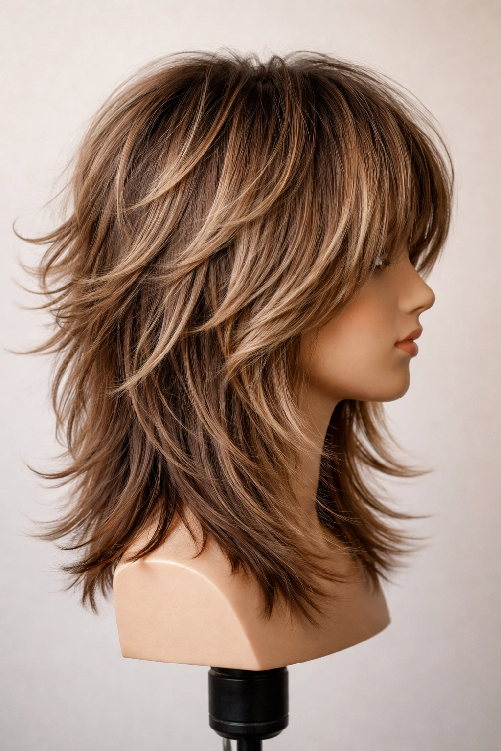 Close-up of textured choppy shag hairstyle with sharp, defined layers and movement
