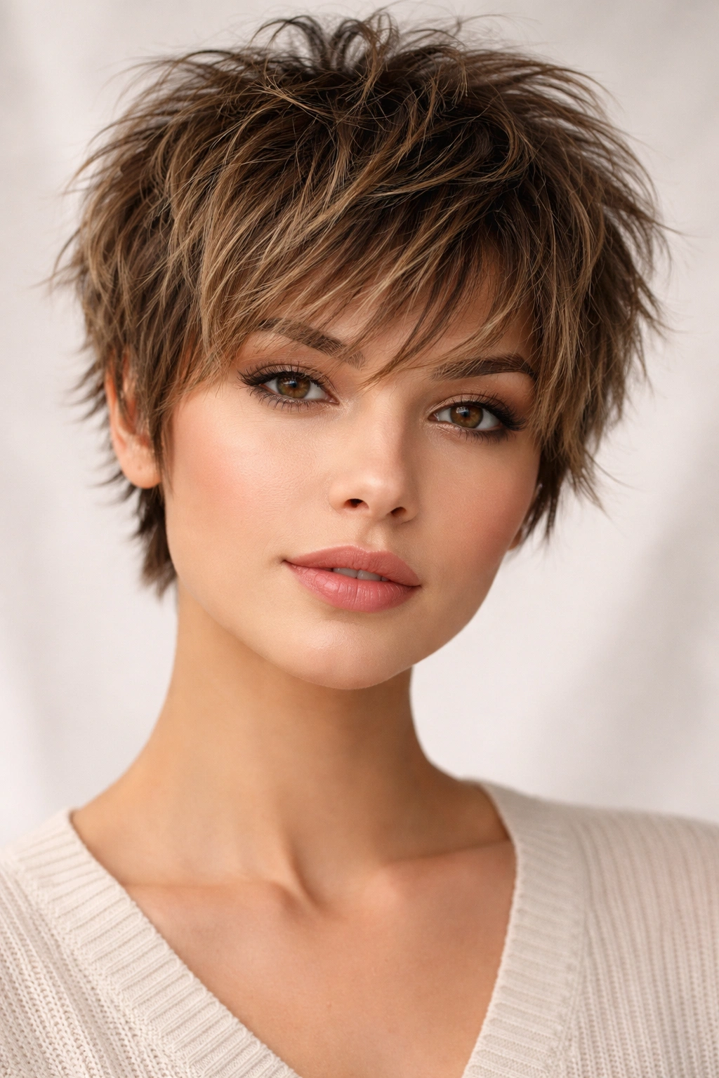 Portrait of a textured shag crop with short length and choppy layers