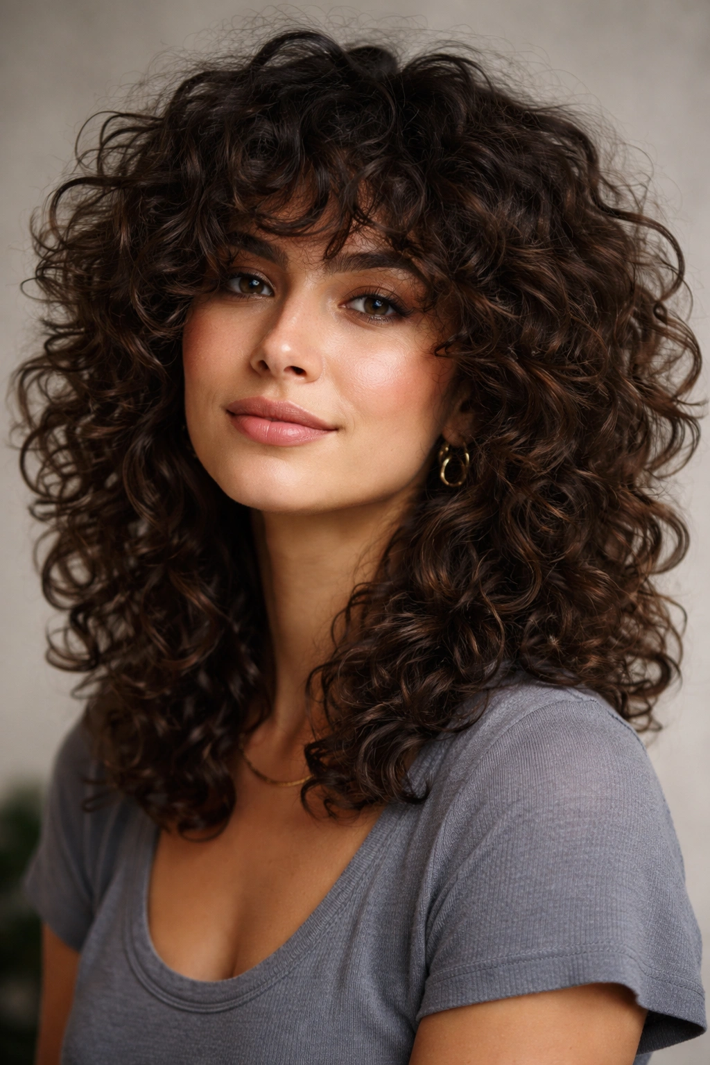 Head-and-shoulders portrait of a curly-haired model with a textured shag showing defined curls