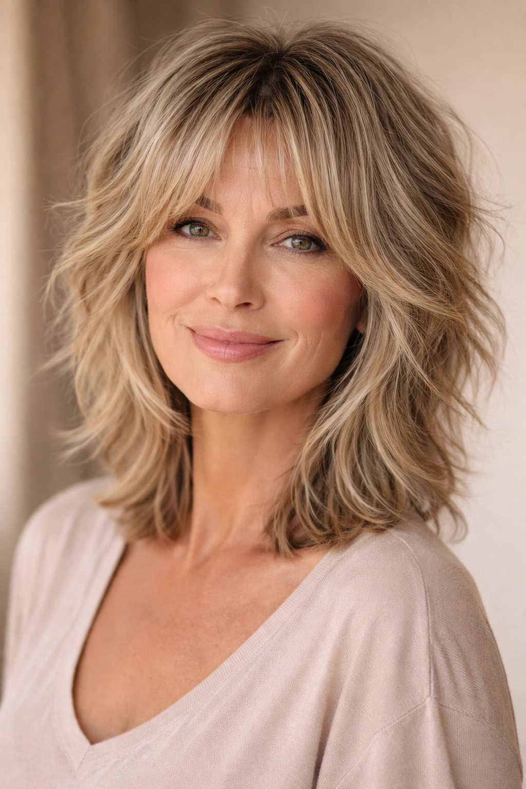 Textured shag hairstyle with curtain bangs and layered texture