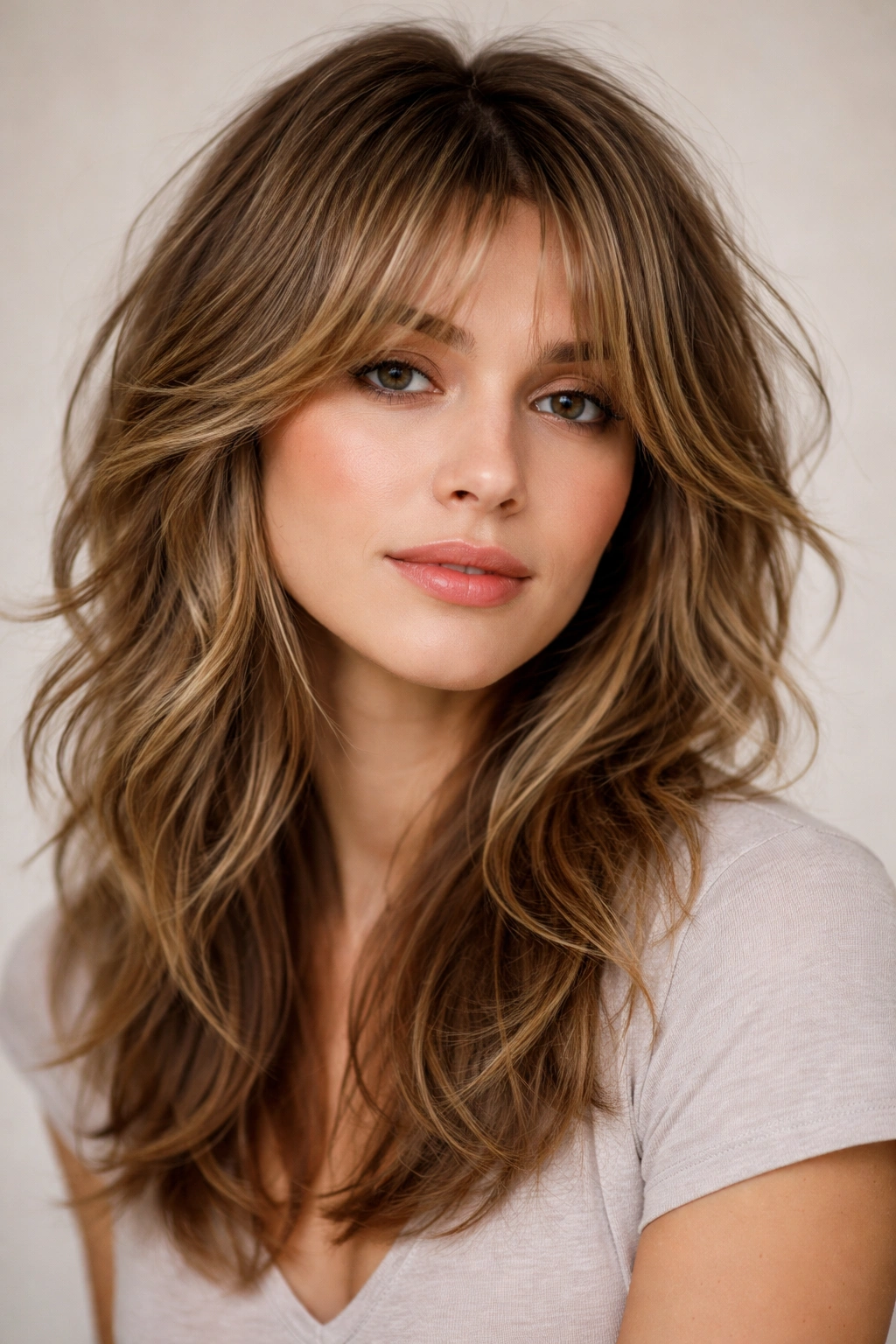 Portrait of textured shag hairstyle with curtain bangs