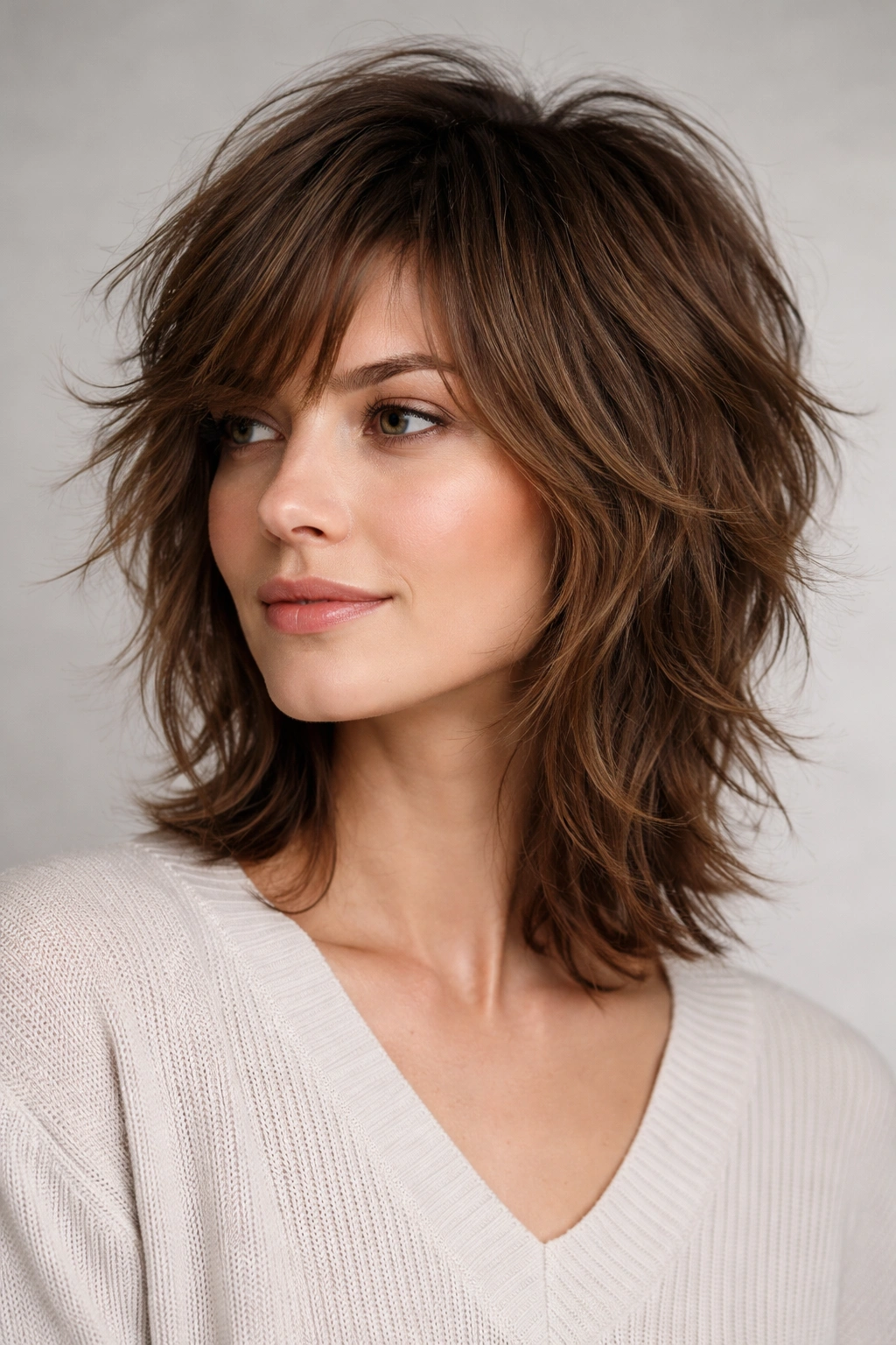 Close-up of Textured Shag Cut hairstyle with layered pieces and crown volume