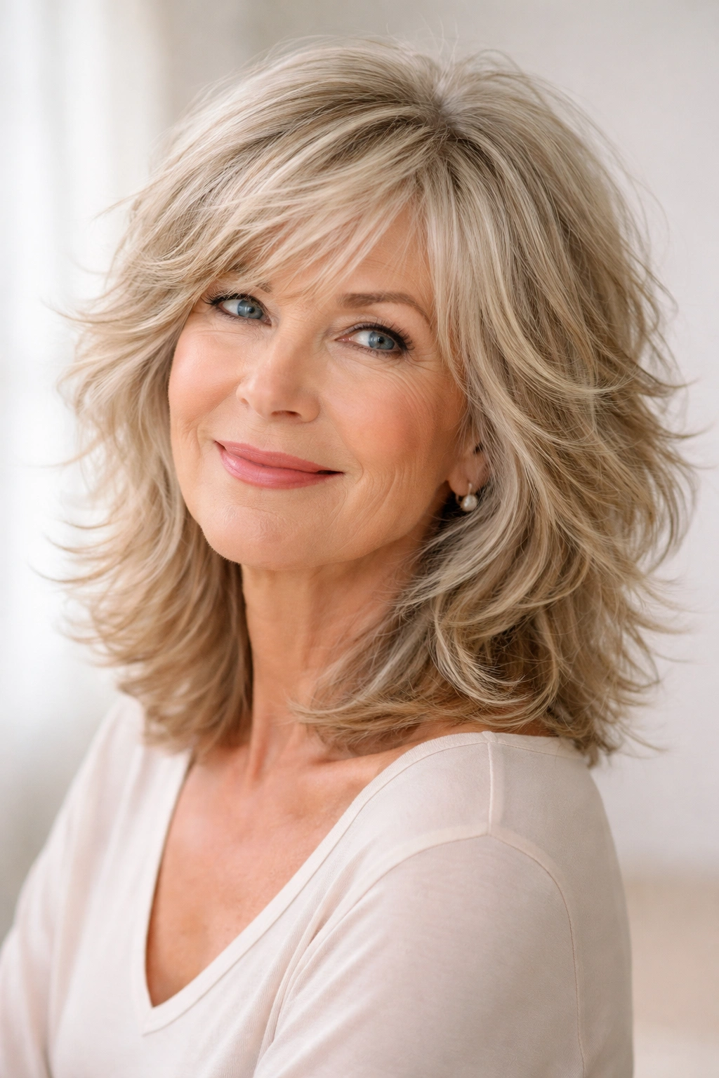Shoulder-length textured shag with feathered layers and movement.