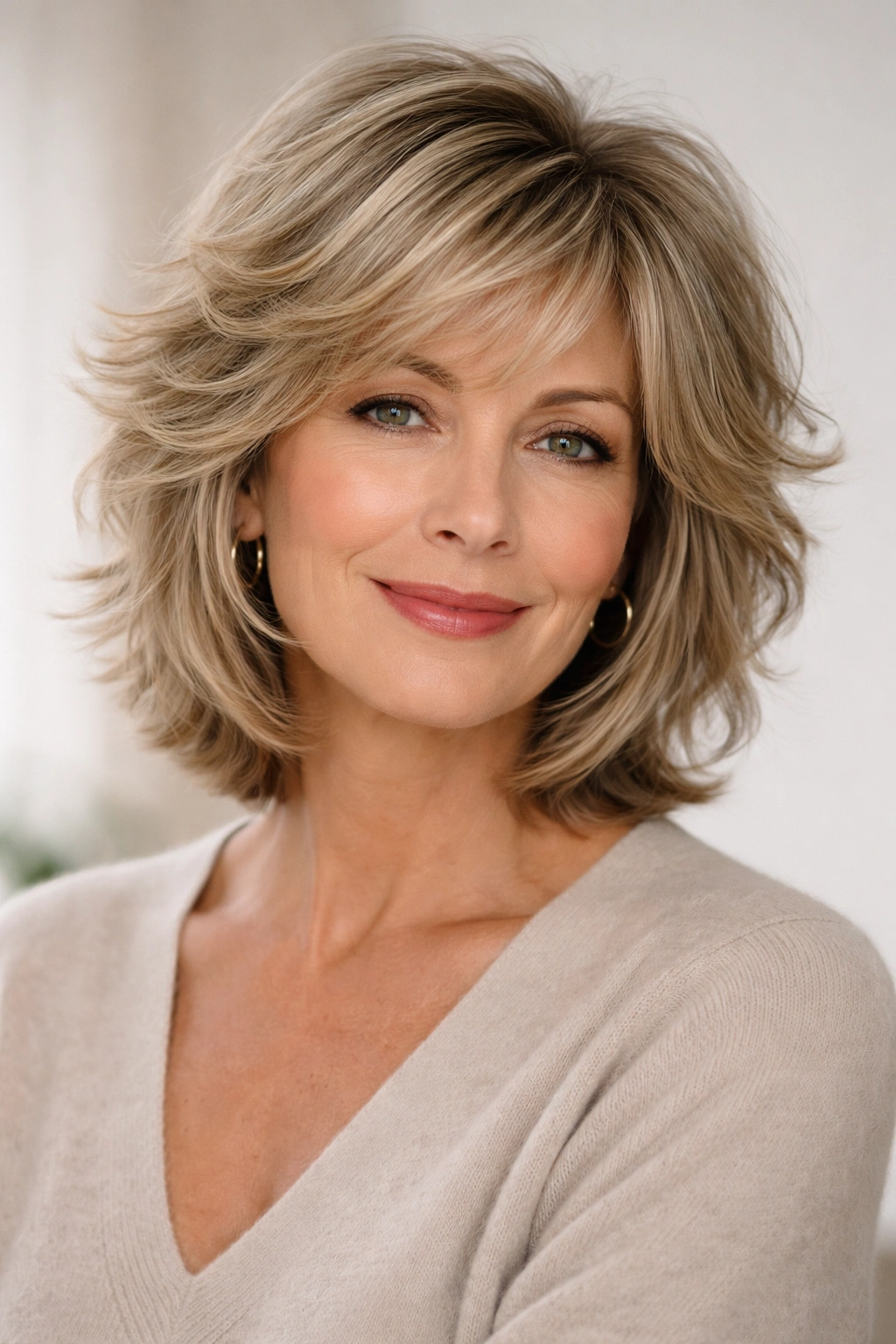 Close-up of a mature woman with a textured shag featuring feathered layers