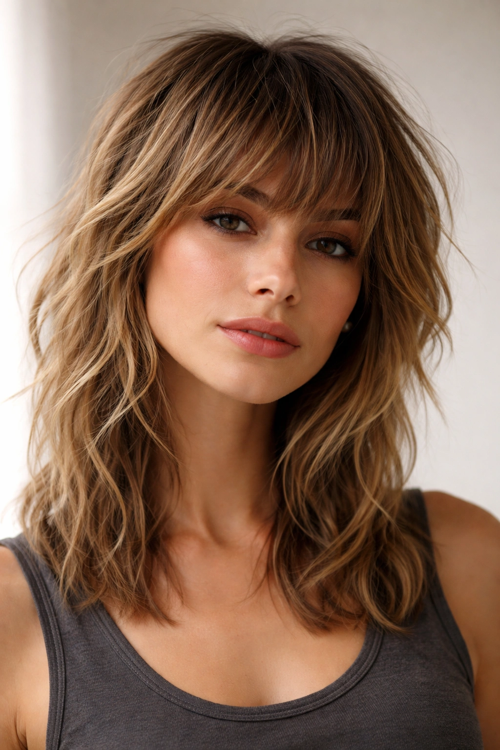 25 Medium Length Hairstyles That Suit Everyone 3 Close-up of textured shag hairstyle with choppy crown layers and longer underneath for movement.