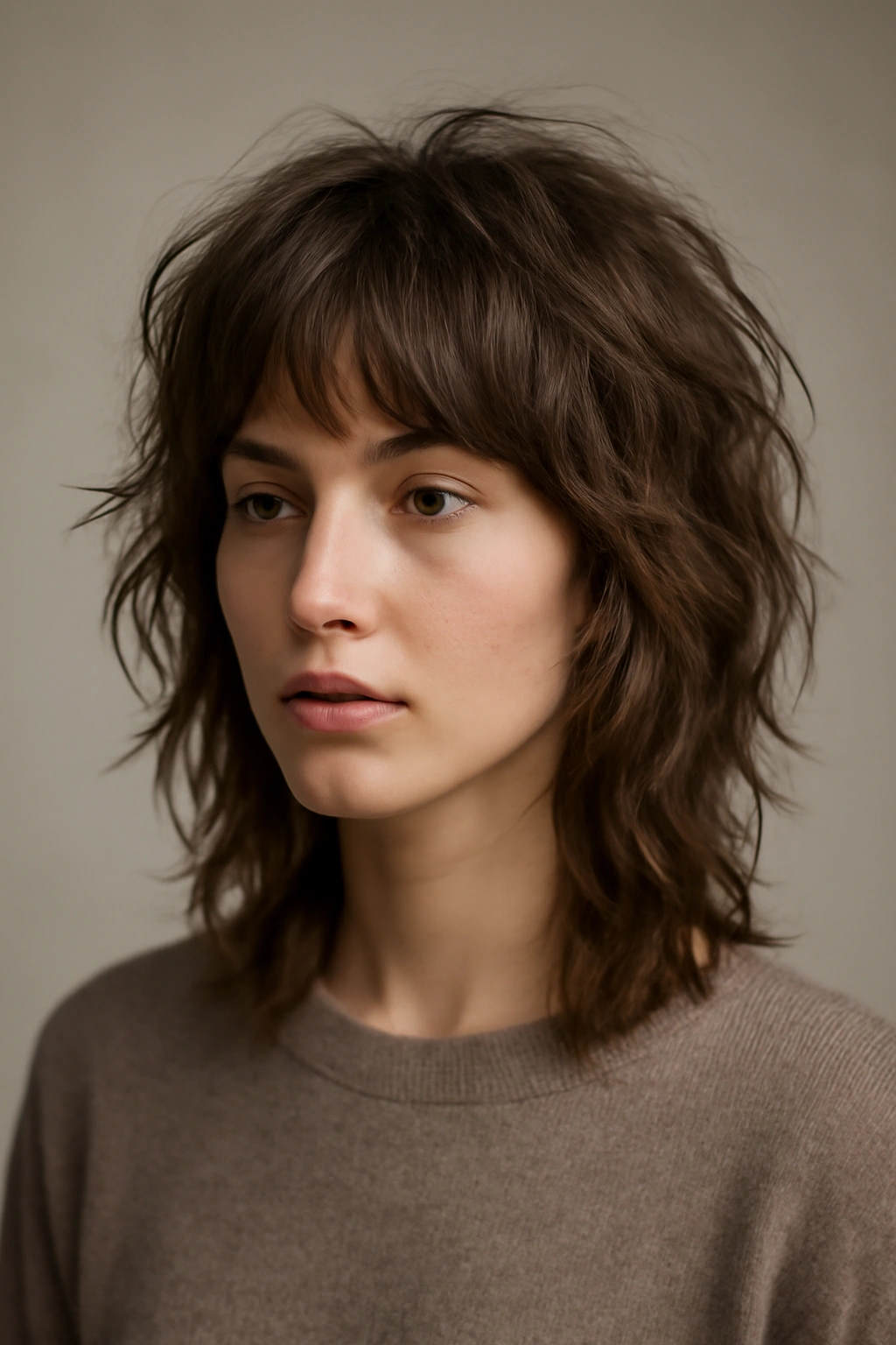 25 Medium Haircuts You’ll Want to Try Immediately 1 Close-up of a textured shag hairstyle with choppy layers and natural volume