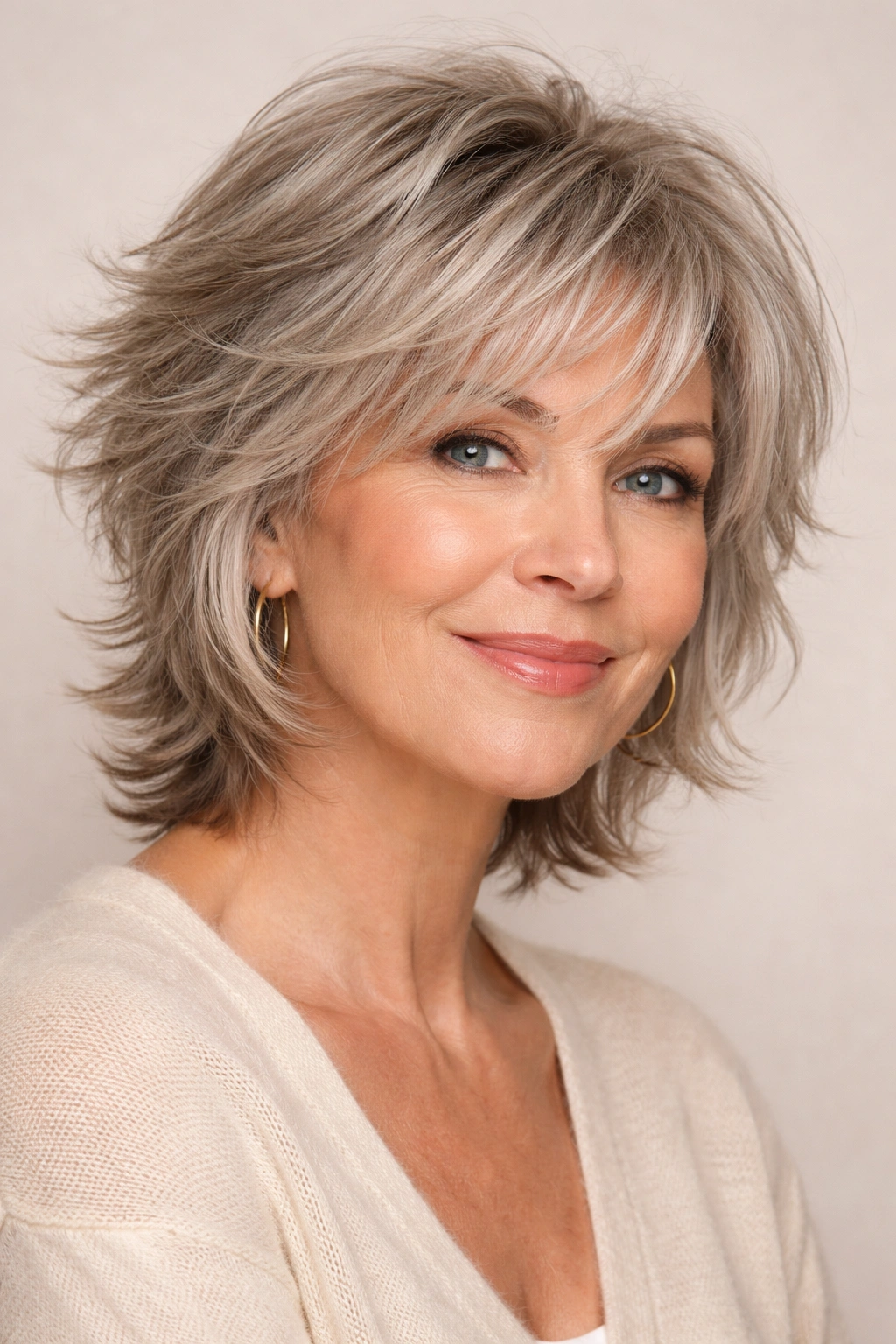 Mature woman with textured shag cut showing layered movement