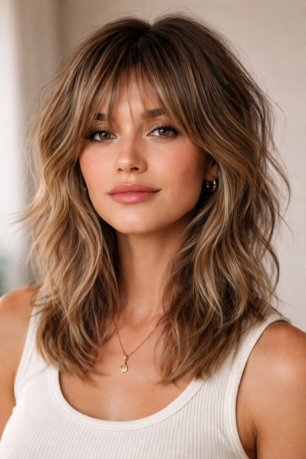 Close-up portrait of a person with a textured shag haircut featuring choppy layers and natural waves