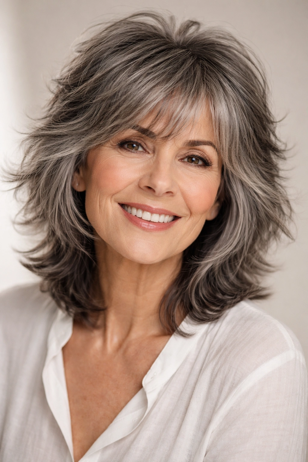 15 Hairstyles That Look Gorgeous On Women Over 70 3 Older woman with textured shag haircut showing movement and volume