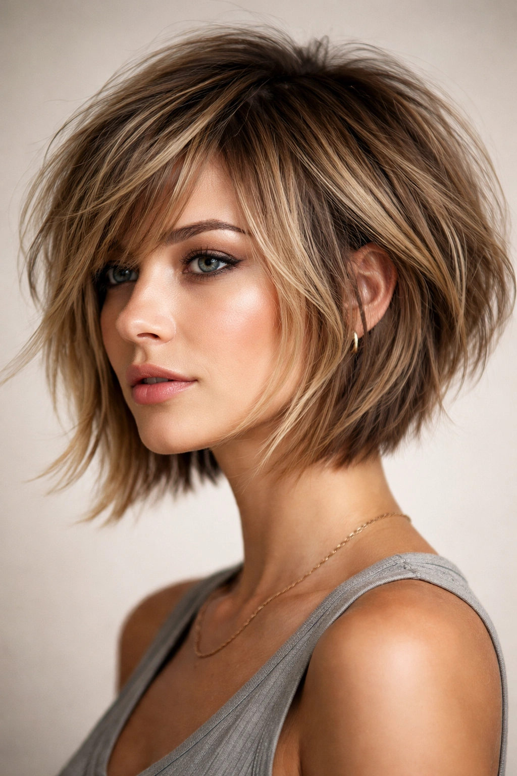 Close portrait of a model with a textured shaggy inverted bob showing layered, voluminous crown and longer underside.