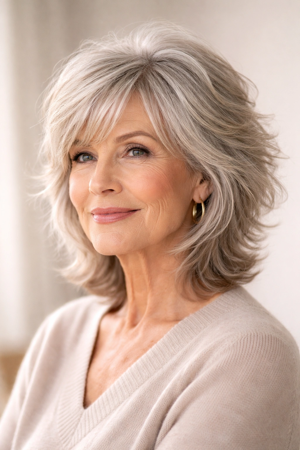Mature woman with textured shag haircut and gentle layers enhancing movement
