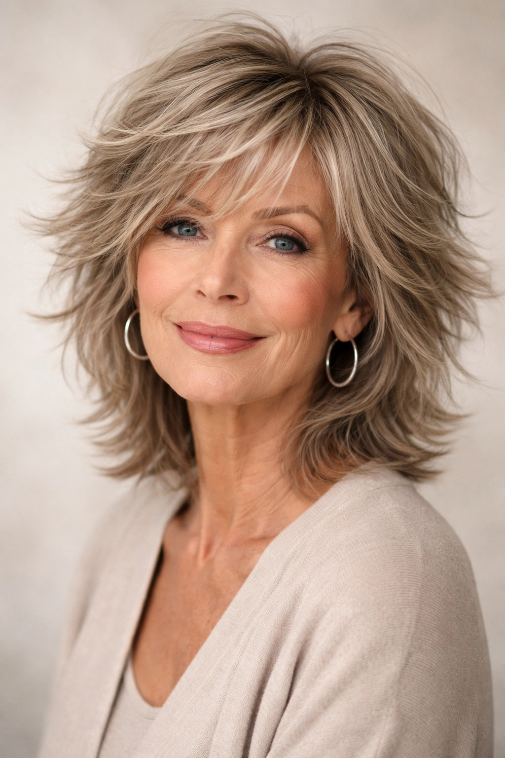 Medium-length textured shag with crown volume and choppy layers.