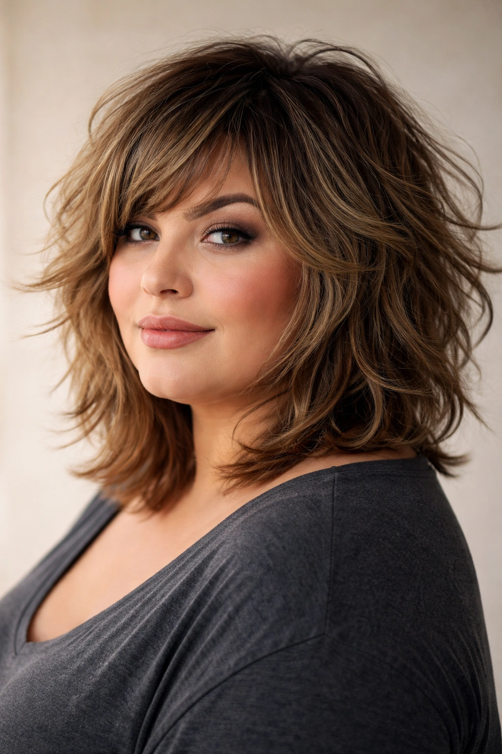 15 Flattering Short Haircuts For Plus Size Women 3 Portrait of a model with a textured shag showing layered movement around the face.