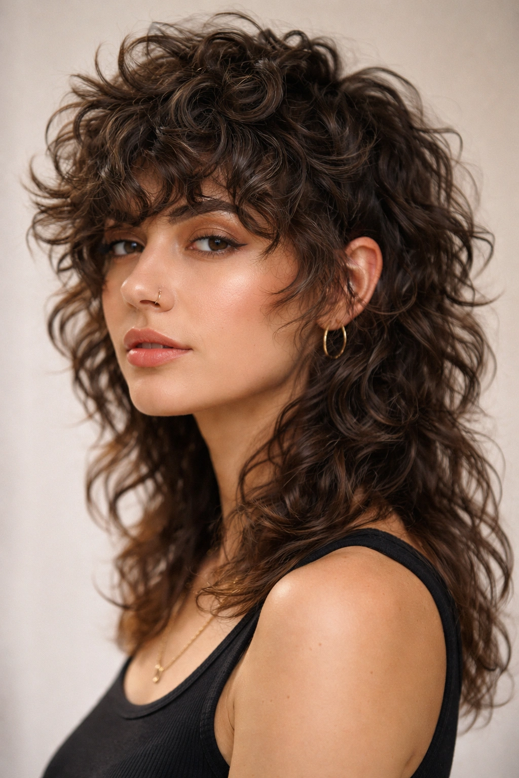 12 Curly Mullet Cuts With Serious Texture And Body 1 Close-up portrait of a textured shag mullet with layered curls and short front framing.