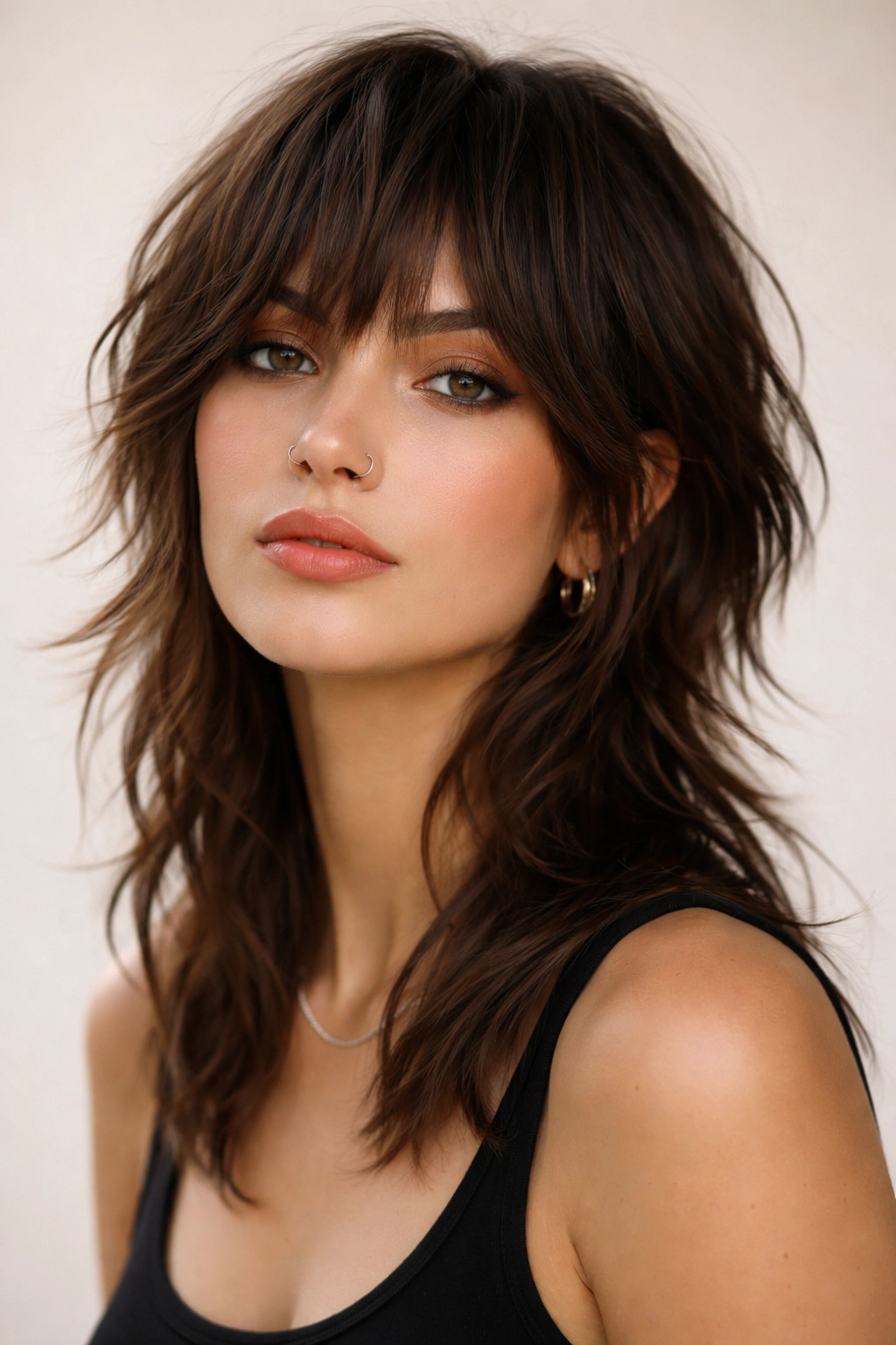 10 Mullet Haircuts Women Are Actually Pulling Off 1 Close-up portrait of a person with textured shag mullet featuring chin-length front layers and shoulder-length back