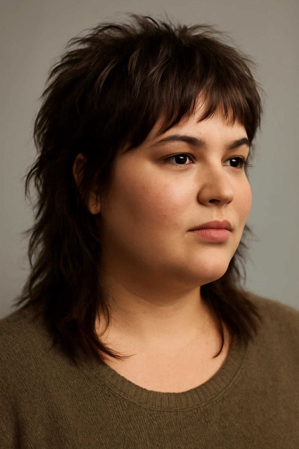 10 Flattering Mullet Haircuts for Plus Size Women 1 Close-up portrait of a plus-size model with a textured shag mullet showing layered crown and back kick