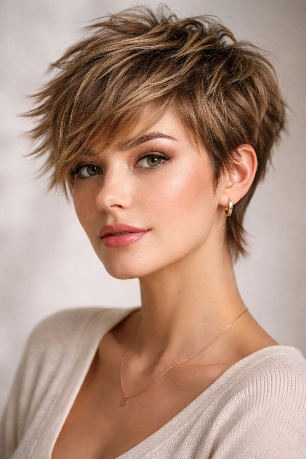 Textured shag pixie with choppy layers and tapered sides