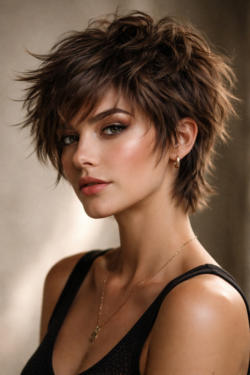 Shag pixie with multiple choppy layers and texture in studio