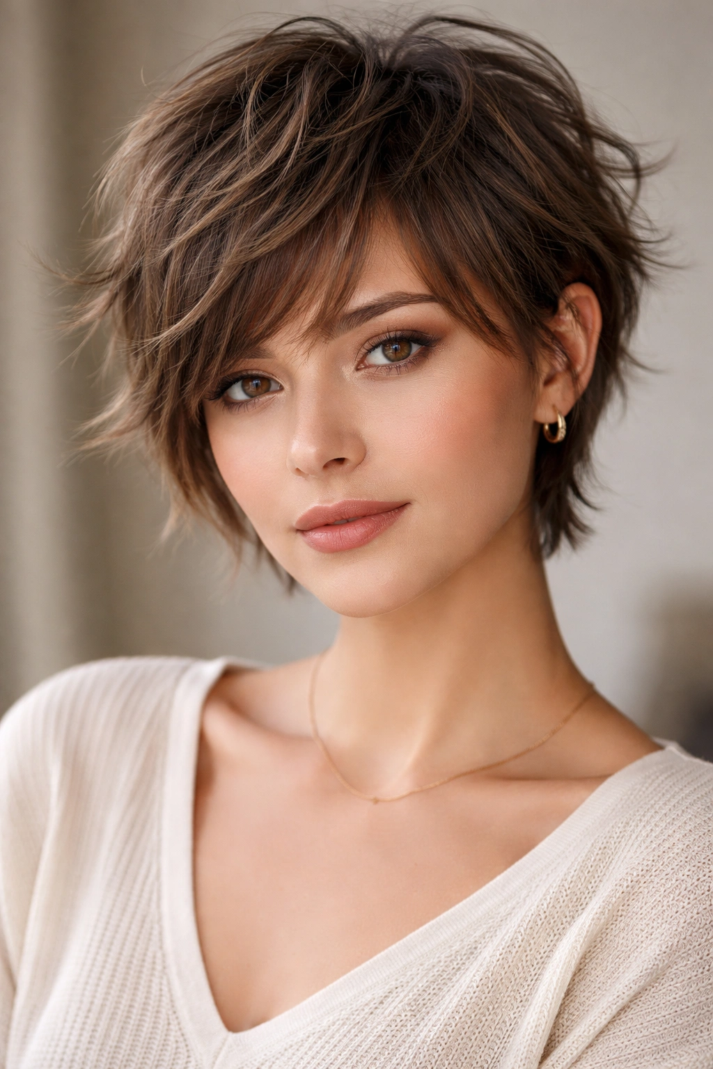 Medium-close portrait of heart-shaped face with textured shag pixie and layered front