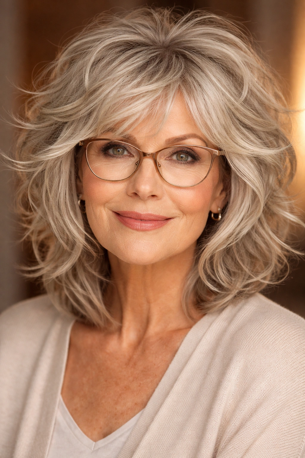 Senior woman with textured shag haircut.
