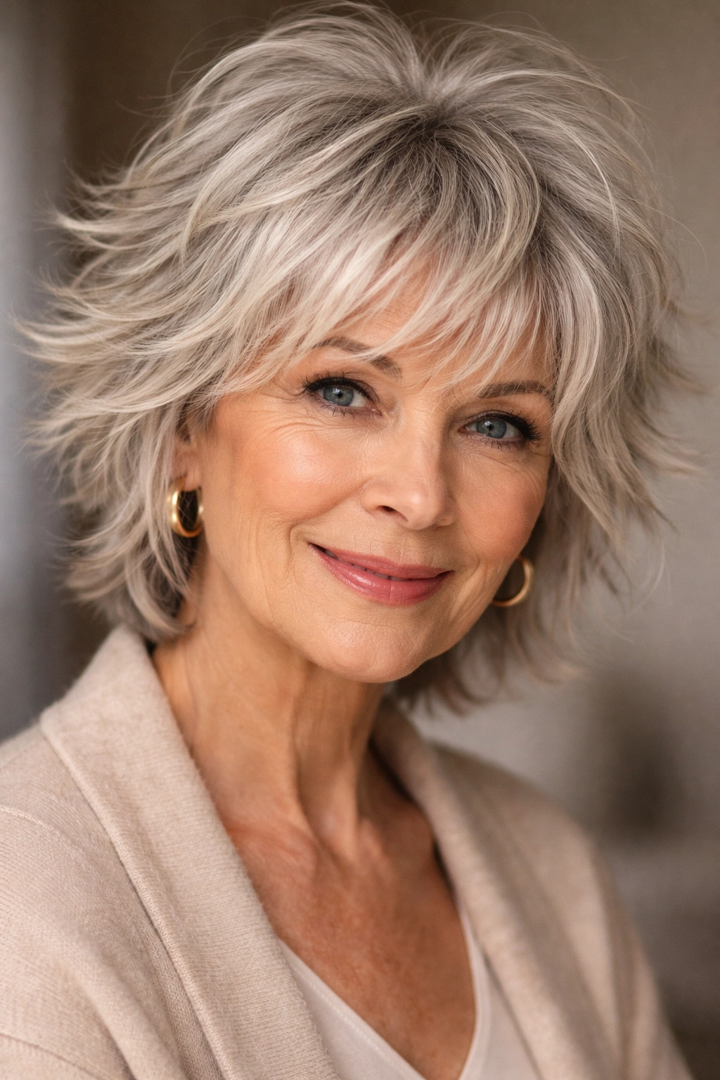 Older woman with textured shag haircut in studio portrait.