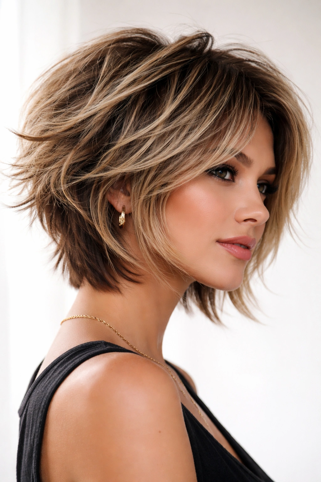 Model with textured shag stacked bob featuring crown-volume layers and tousled ends