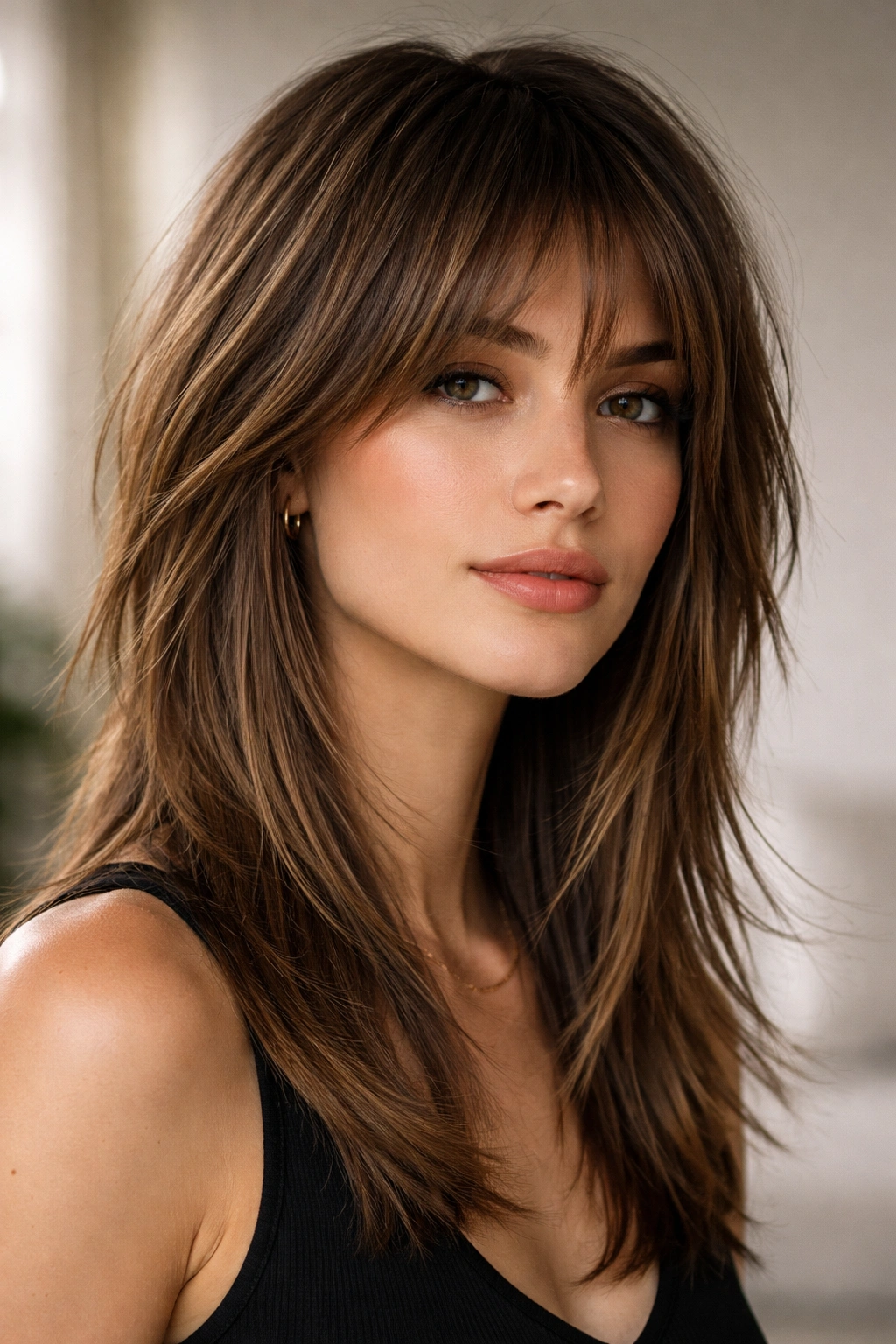 15 Sleek Medium Haircuts For Women With Straight Hair 3 Portrait of a medium-length straight hair with textured shag layers