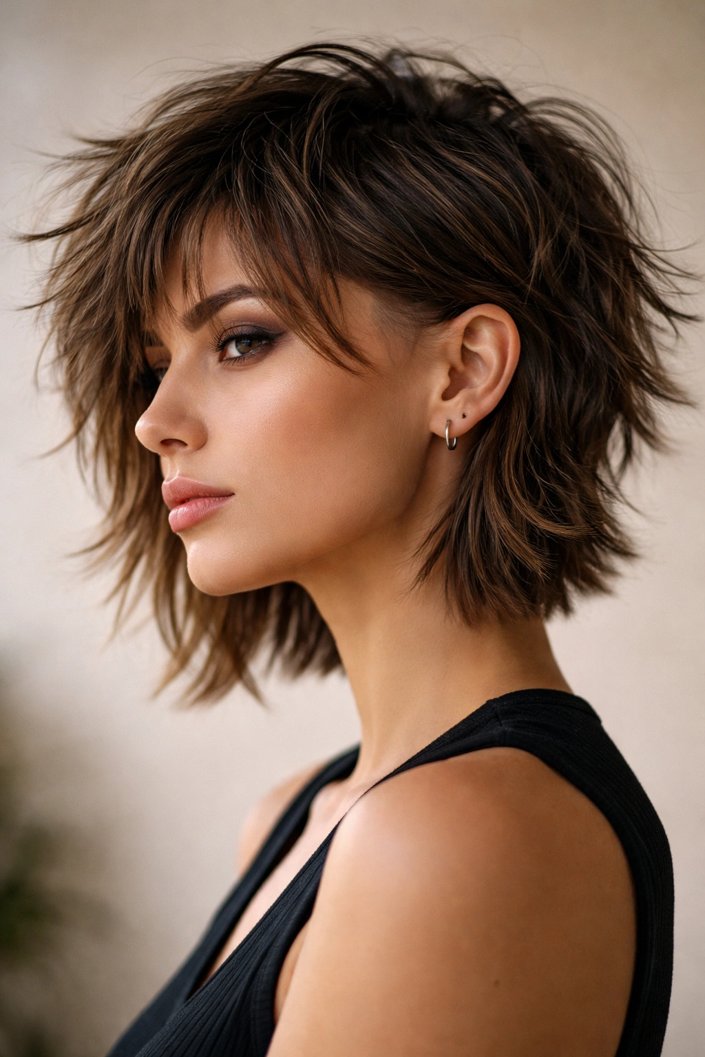 10 Shaved Bob Haircuts With An Effortless Edge 2 Textured shag bob with temple fades showing layered movement.