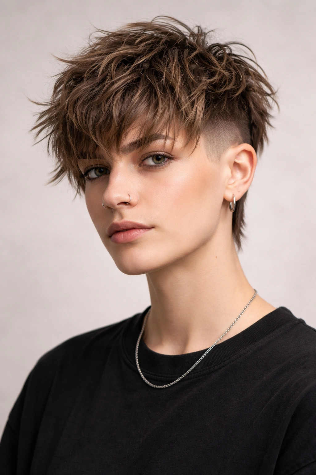 Textured shag on top with a disconnected undercut in studio lighting