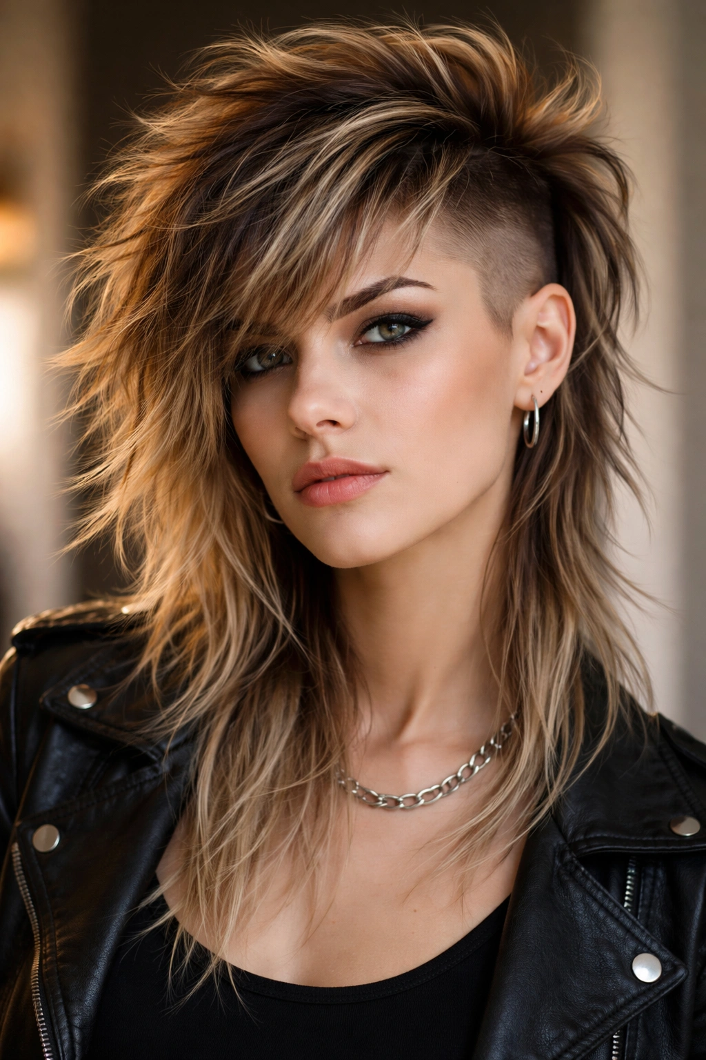 10 One Side Shaved Hairstyles For Bold Women 10 Portrait of a woman with a textured shag and double undercut.