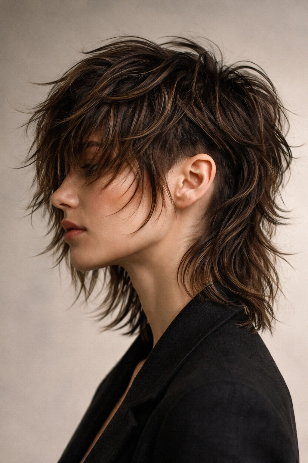 15 Medium Shag Haircuts For Straight Or Wavy Hair 6 Profile view of textured shag with a subtle undercut showing edge and texture.