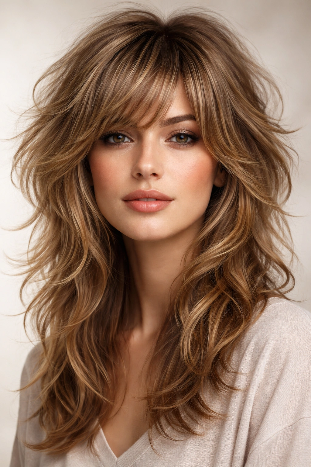 Portrait of a woman with textured shag and volume at the crown for fullness