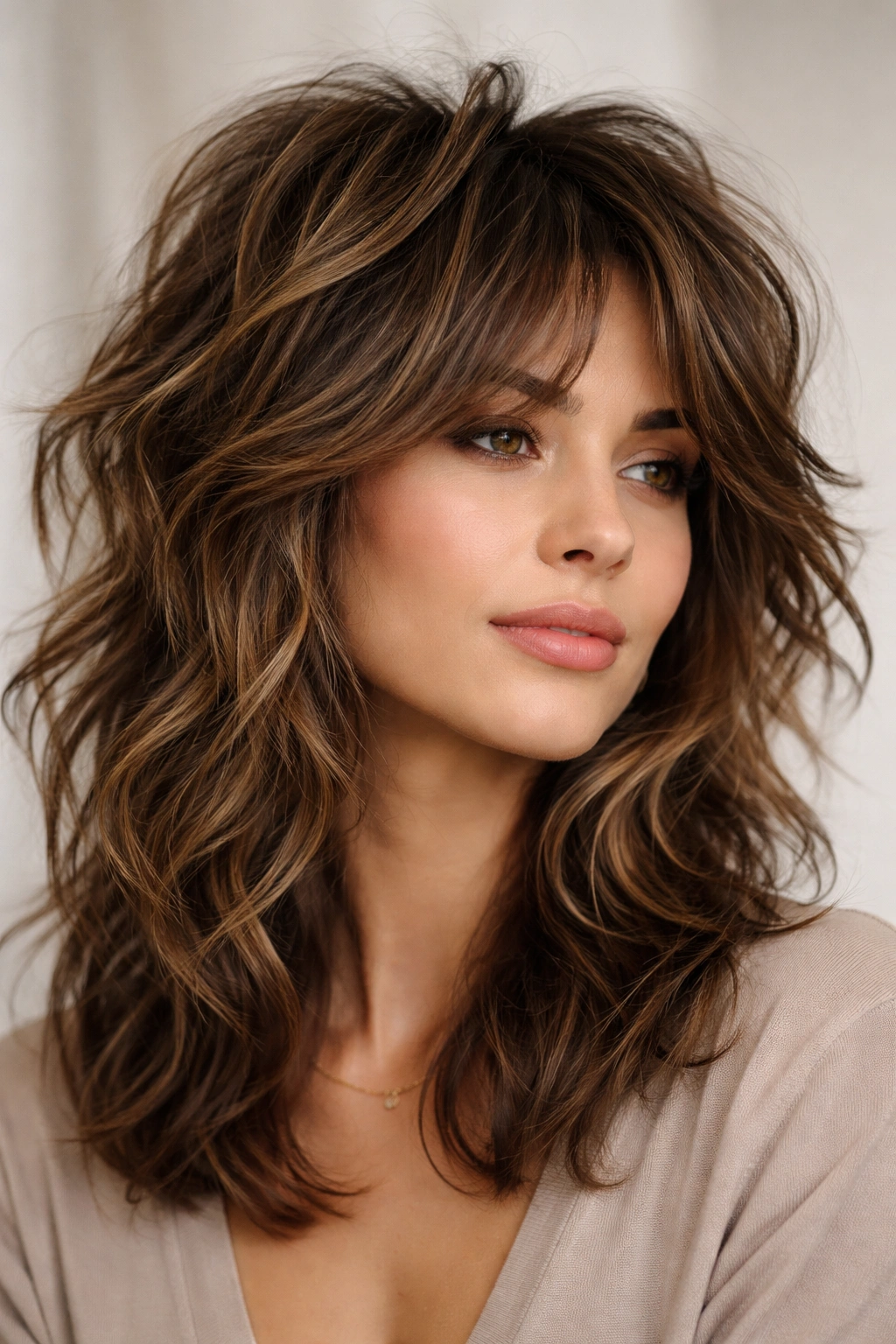 20 Wavy Haircuts For Every Length And Face Shape 1 Close-up of a textured shag hairstyle with voluminous crown and choppy layers