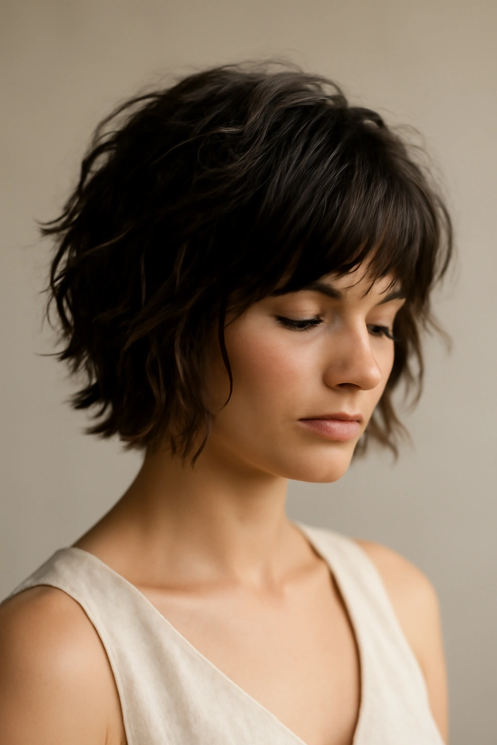 12 Bridesmaid Hairstyles That Flatter Short Hair 11 Textured shag hairstyle with defined layers and movement.