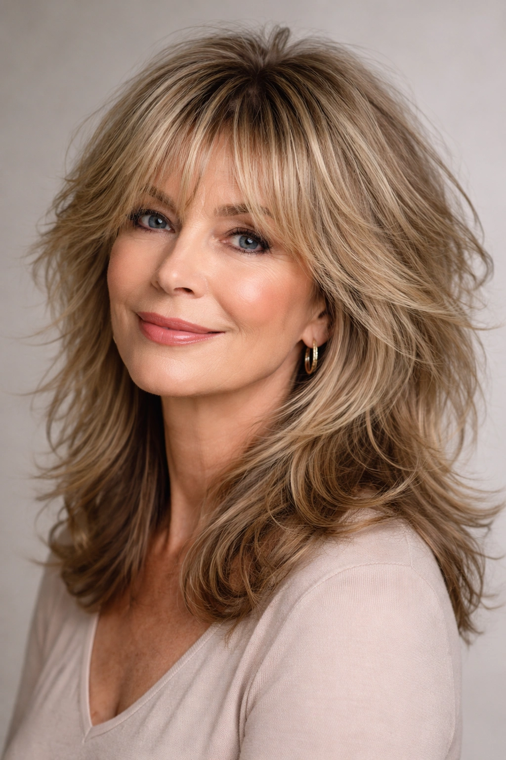 Close-up of a thick-haired woman with a textured shag and wispy bangs