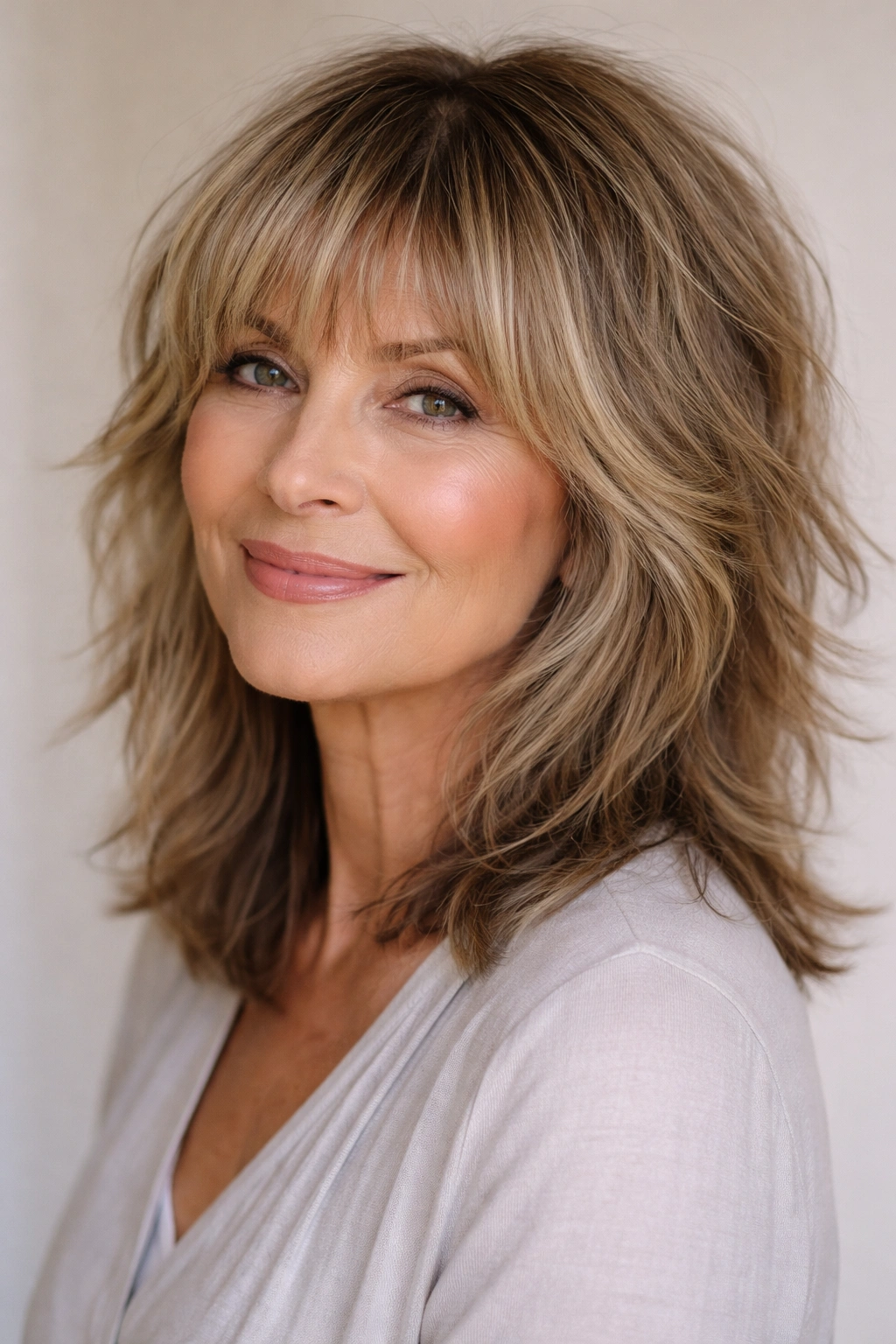 Close-up of a textured shag with wispy bangs just above the eyebrows in a neutral studio portrait.