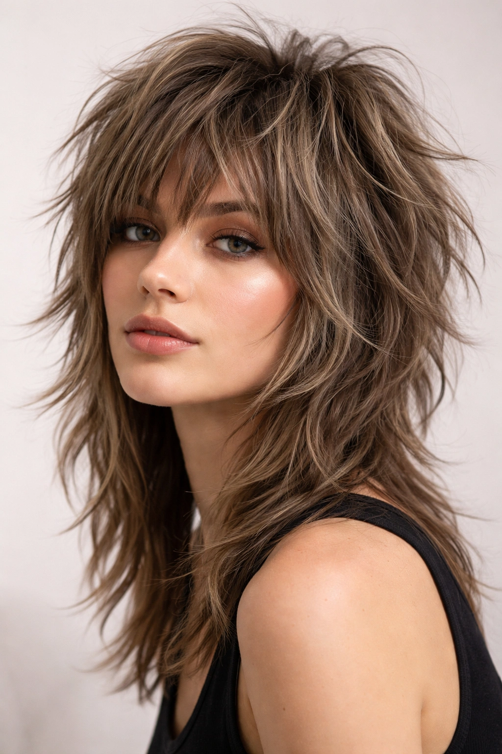 Close-up of a Textured Shag Wolf Cut showing choppy layers and crown texture.