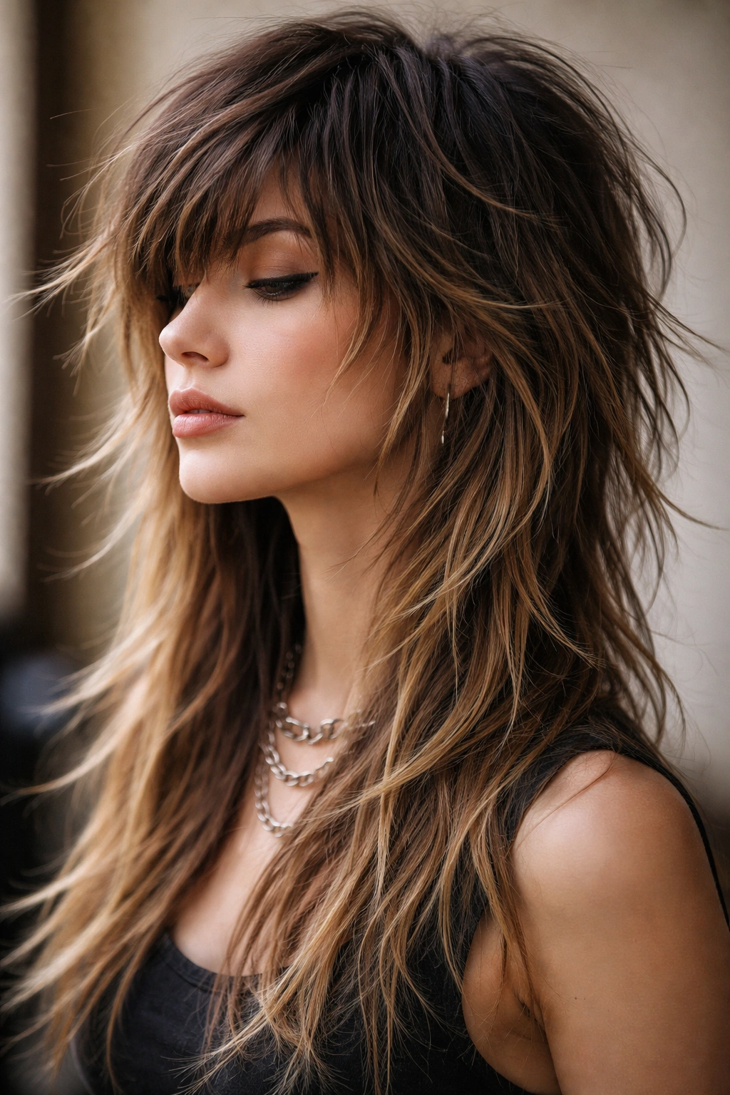 Textured shag wolf cut with long layers showing bold choppiness.
