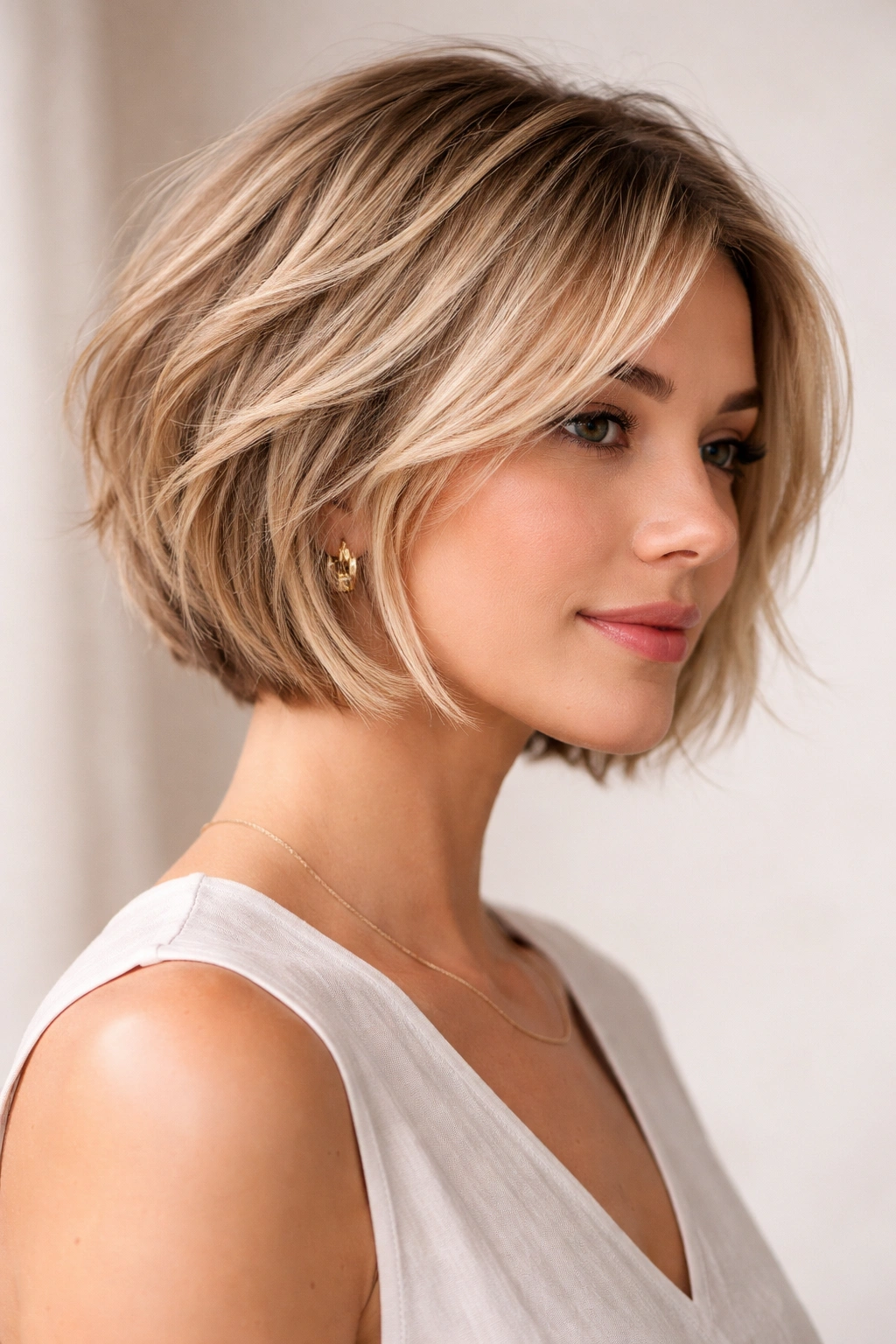Close-up of a fine-haired model with a textured short bob and layered pieces to create fullness.