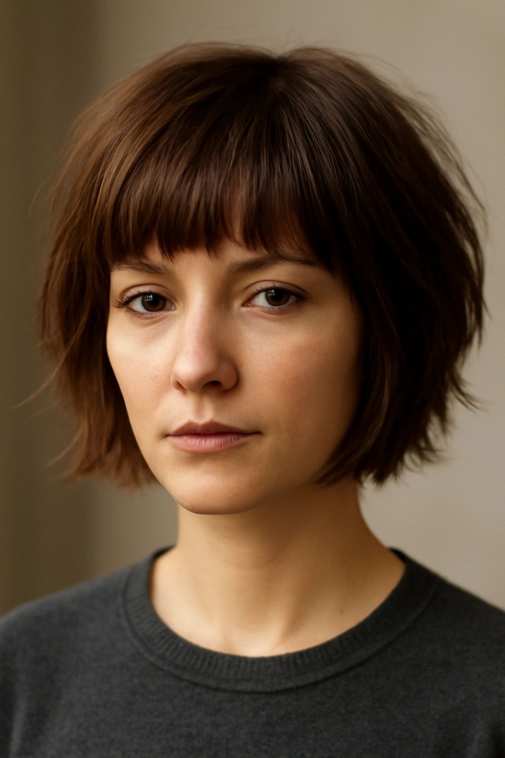 12 Short Layered Haircuts With Bangs That Actually Work 12 Textured short layers with full bangs creating a rounded face-framing silhouette