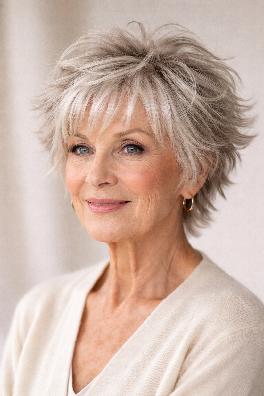 Front three-quarter view of a textured short shag hairstyle with choppy layers