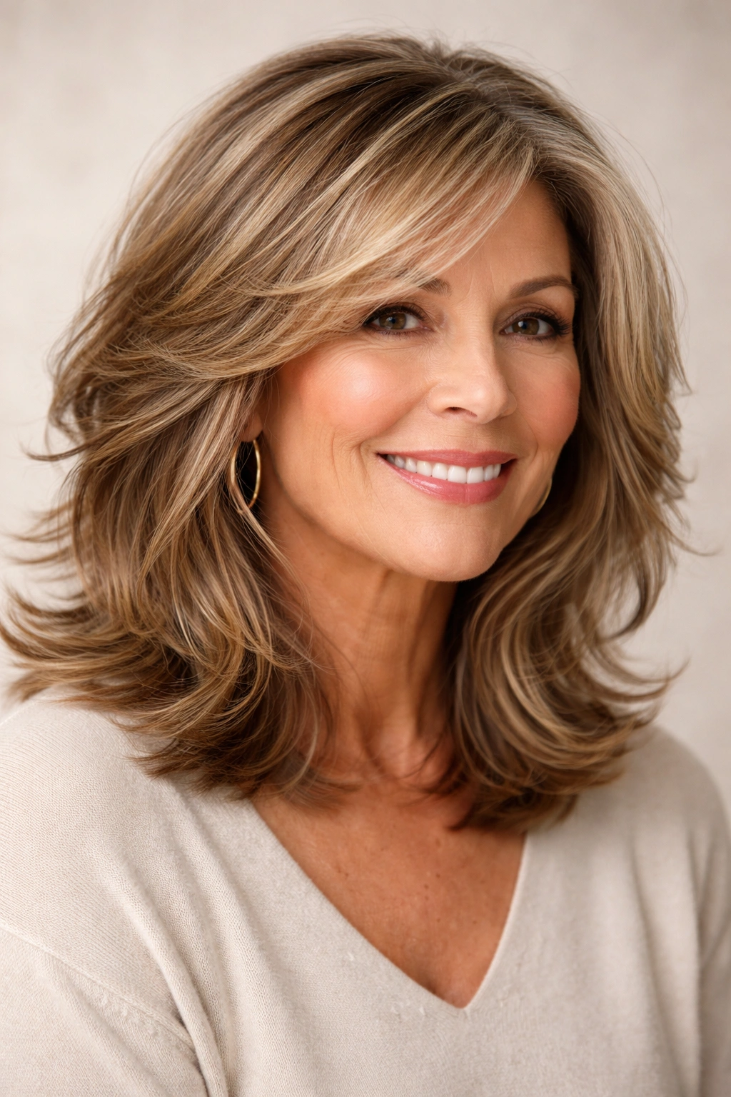 Shoulder-length textured haircut with layered movement and warm highlights