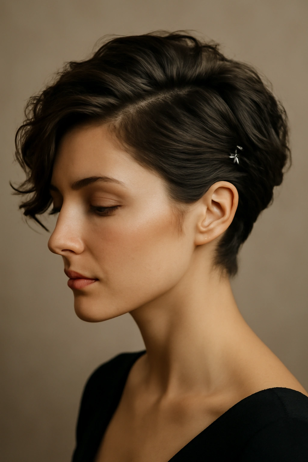 10 Formal Hairstyles That Look Stunning on Short Hair 1 Close-up of a short hairstyle with a textured side sweep tucked behind the ear