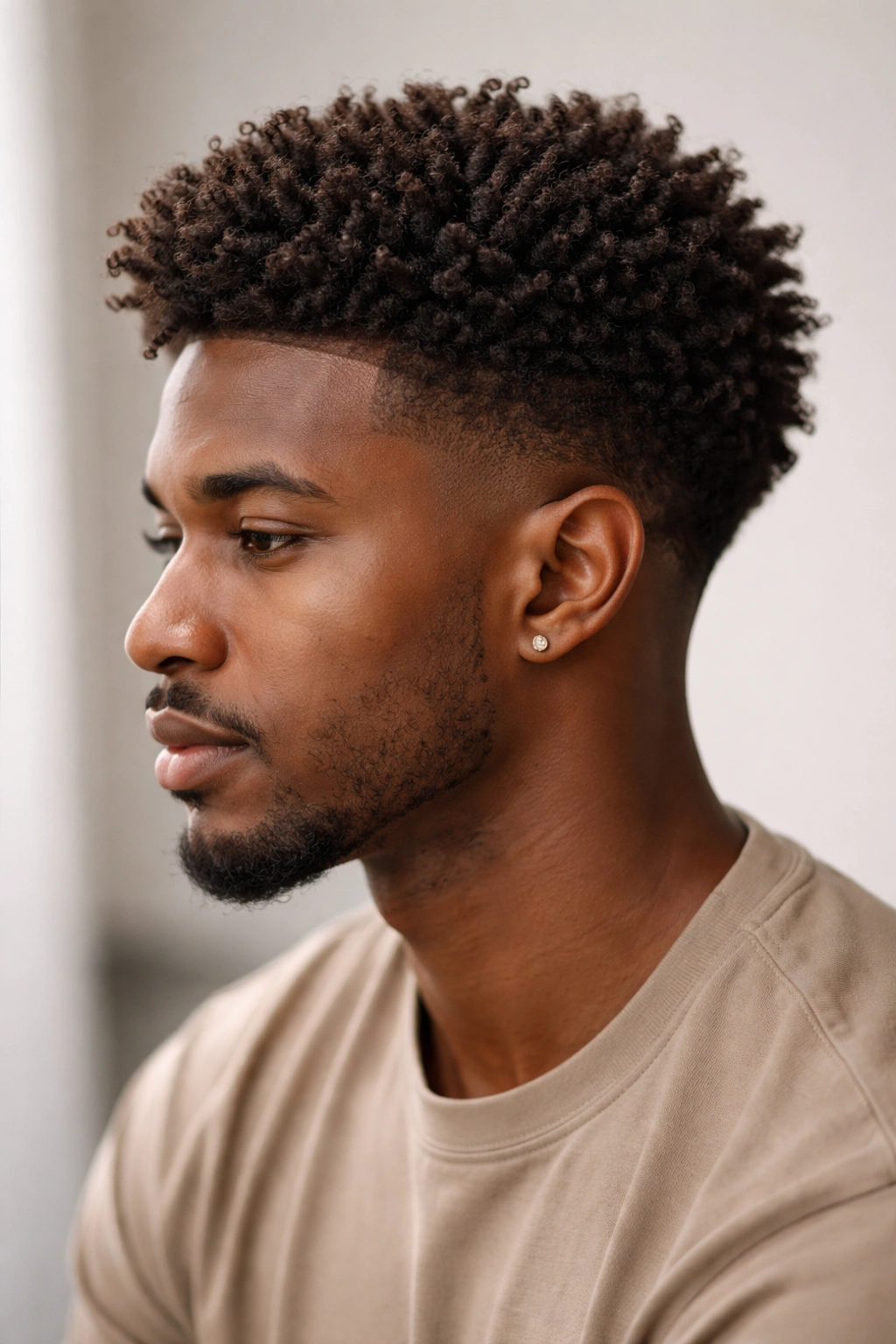 Portrait showing long top curls with shorter textured sides