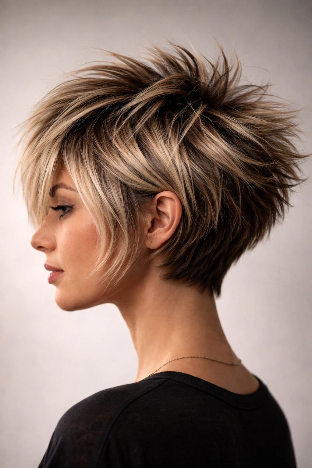 15 Stacked Bob Cuts For Thick And Fine Hair 13 Close-up side profile of a textured spiky stacked bob