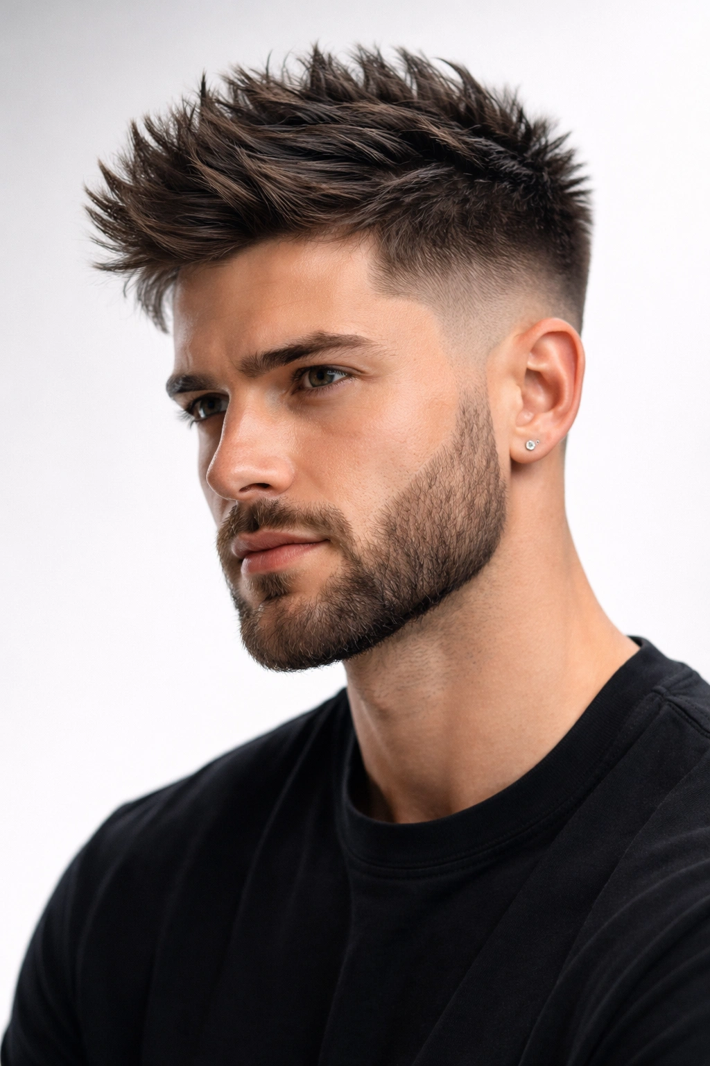 Close-up of a man with textured spiky hair and a faded beard in a clean studio