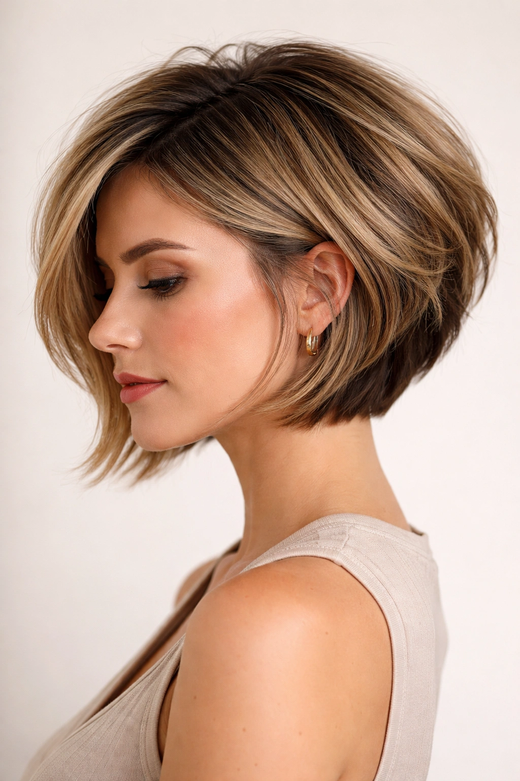 18 Stacked Bob Styles From Short To Medium Length 1 Close-up of a short textured stack hairstyle with chunky layered crown