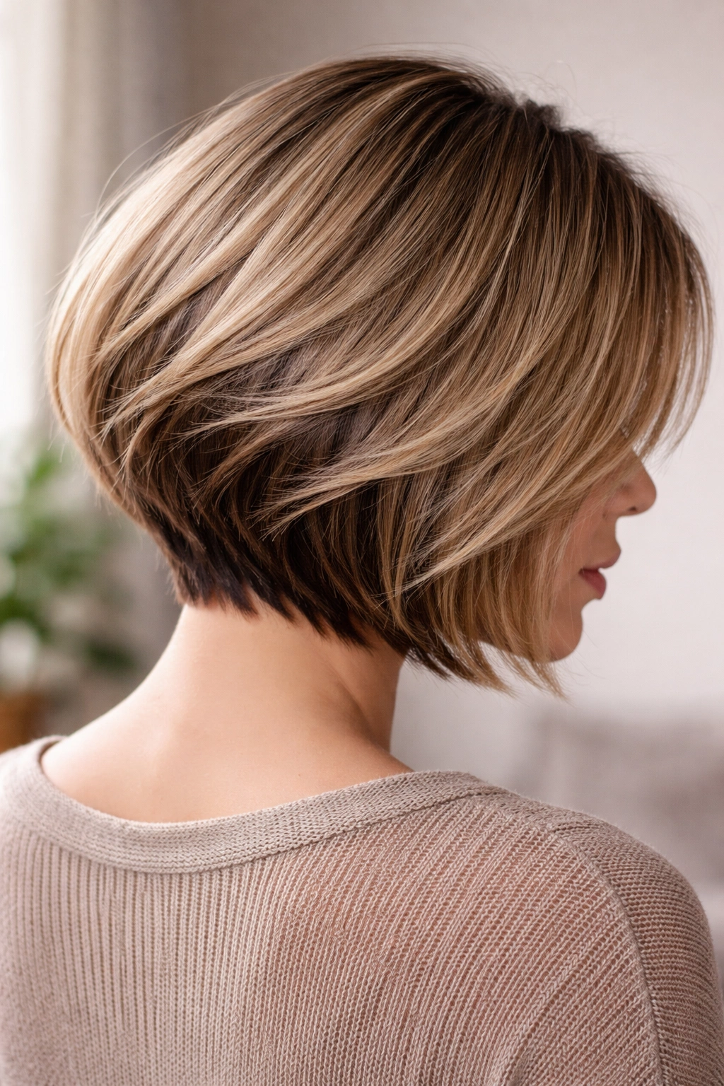 15 Stacked Bob Cuts For Thick And Fine Hair 4 Textured stacked bob showing contrast between smooth top layers and shorter underlayers.